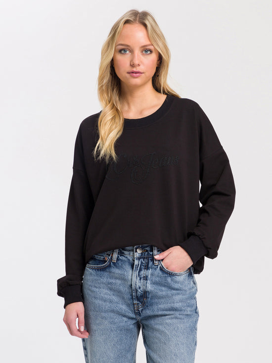 Damen Regular Sweatshirt mit CROSS JEANS Logo Print schwarz