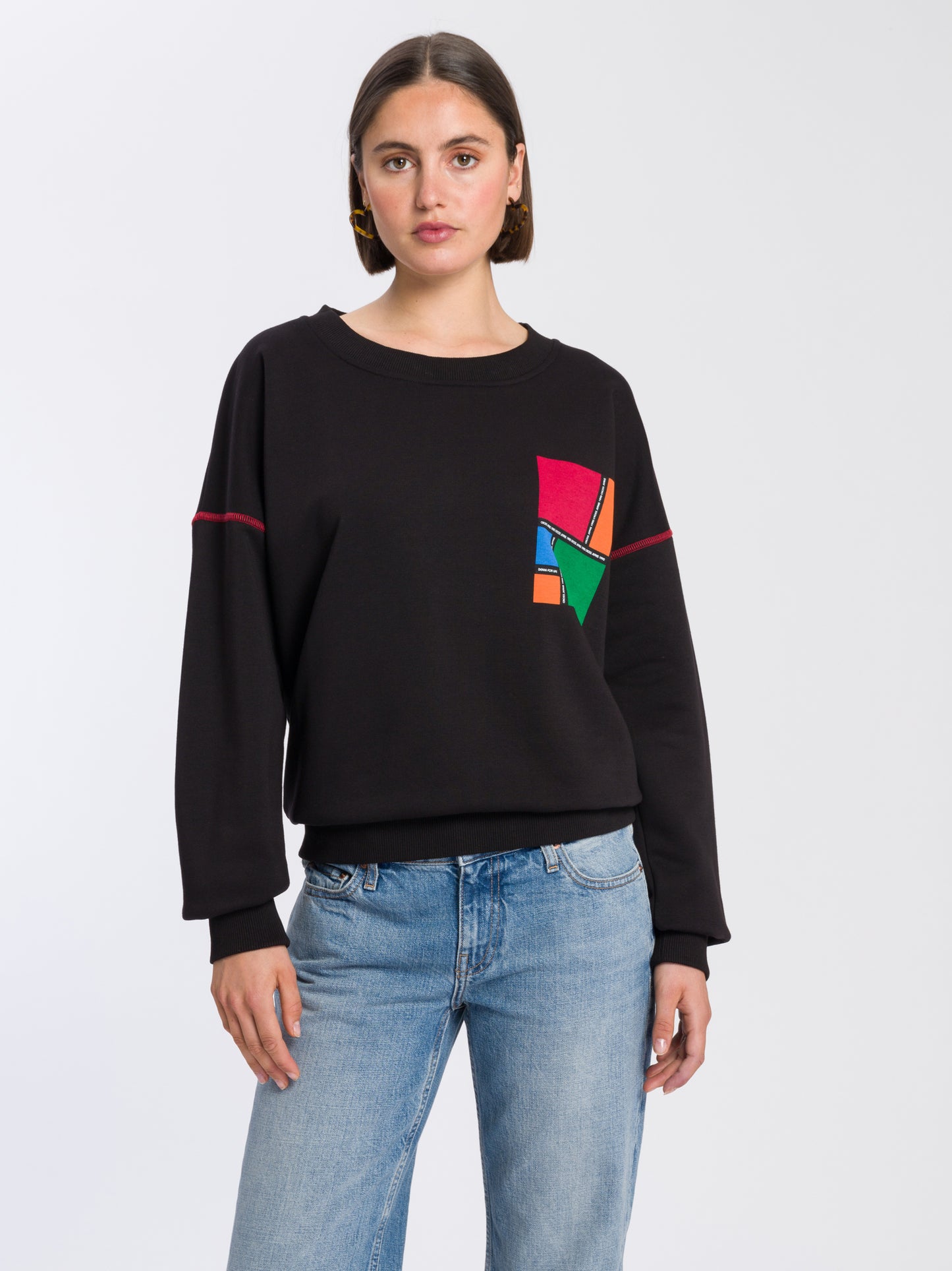 Damen Regular Sweatshirt mit farbigem Print schwarz