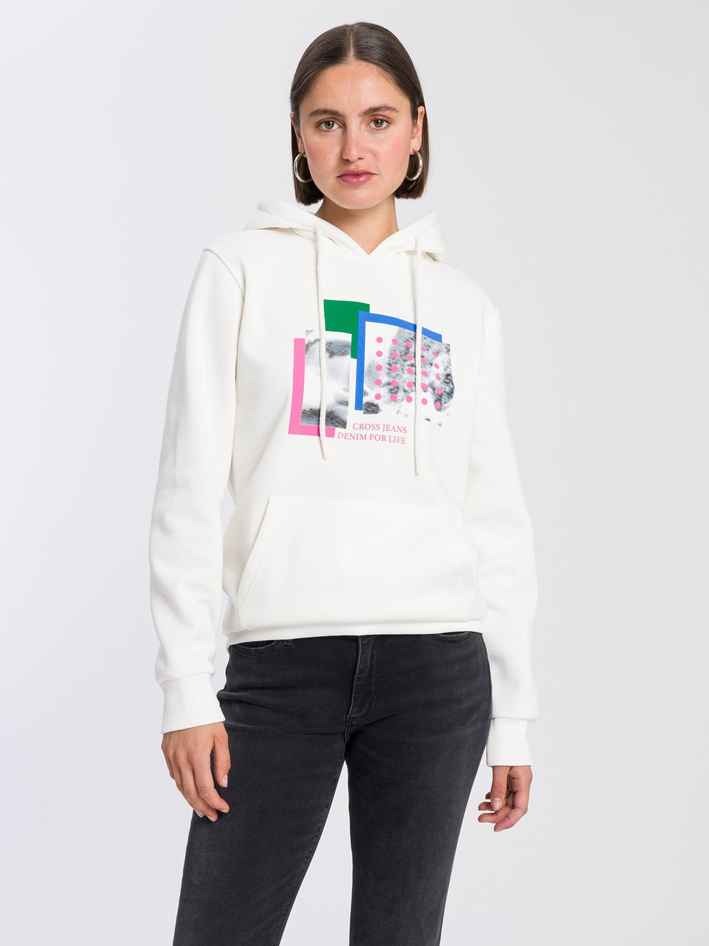 Damen Regular Hoodie mit CROSS JEANS Logo Print weiß