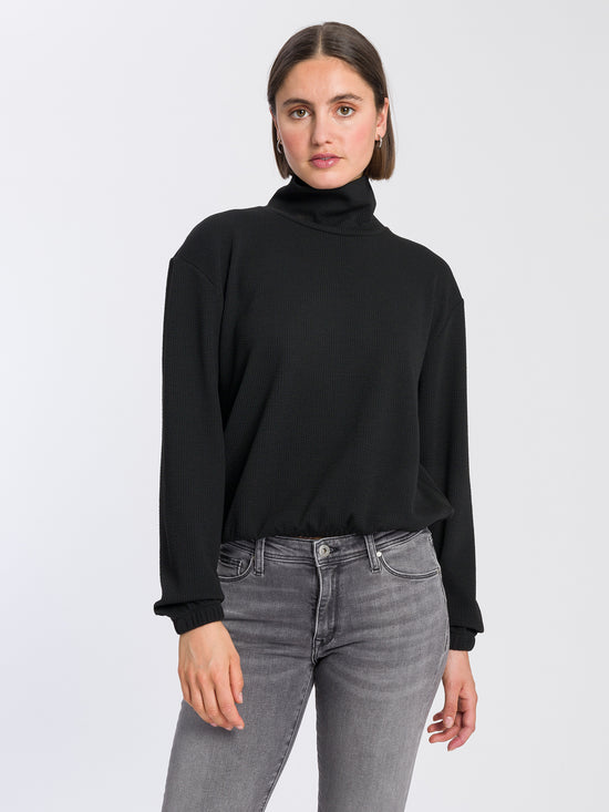 Damen Regular Pullover mit Stehkragen und Gummizug schwarz
