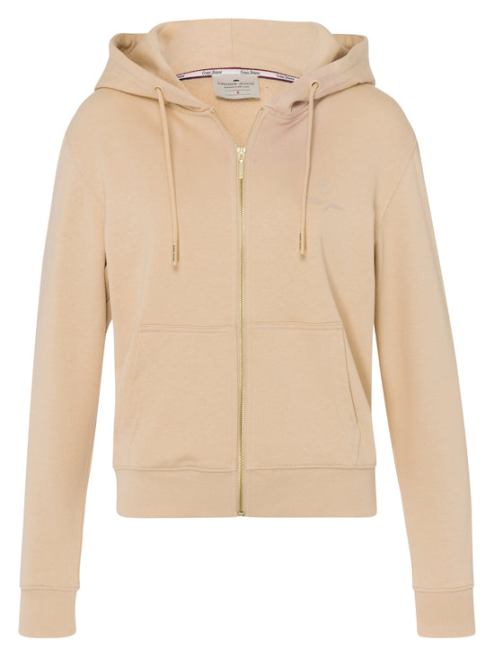 Women's regular sweat jacket with hood, zipper and split kangaroo pocket beige