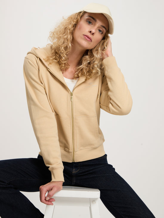 Women's regular sweat jacket with hood, zipper and split kangaroo pocket beige