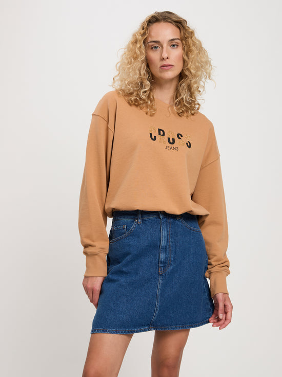 Damen Regular Sweatshirt mit Label-Print und Schmuck-Nieten tabakbraun