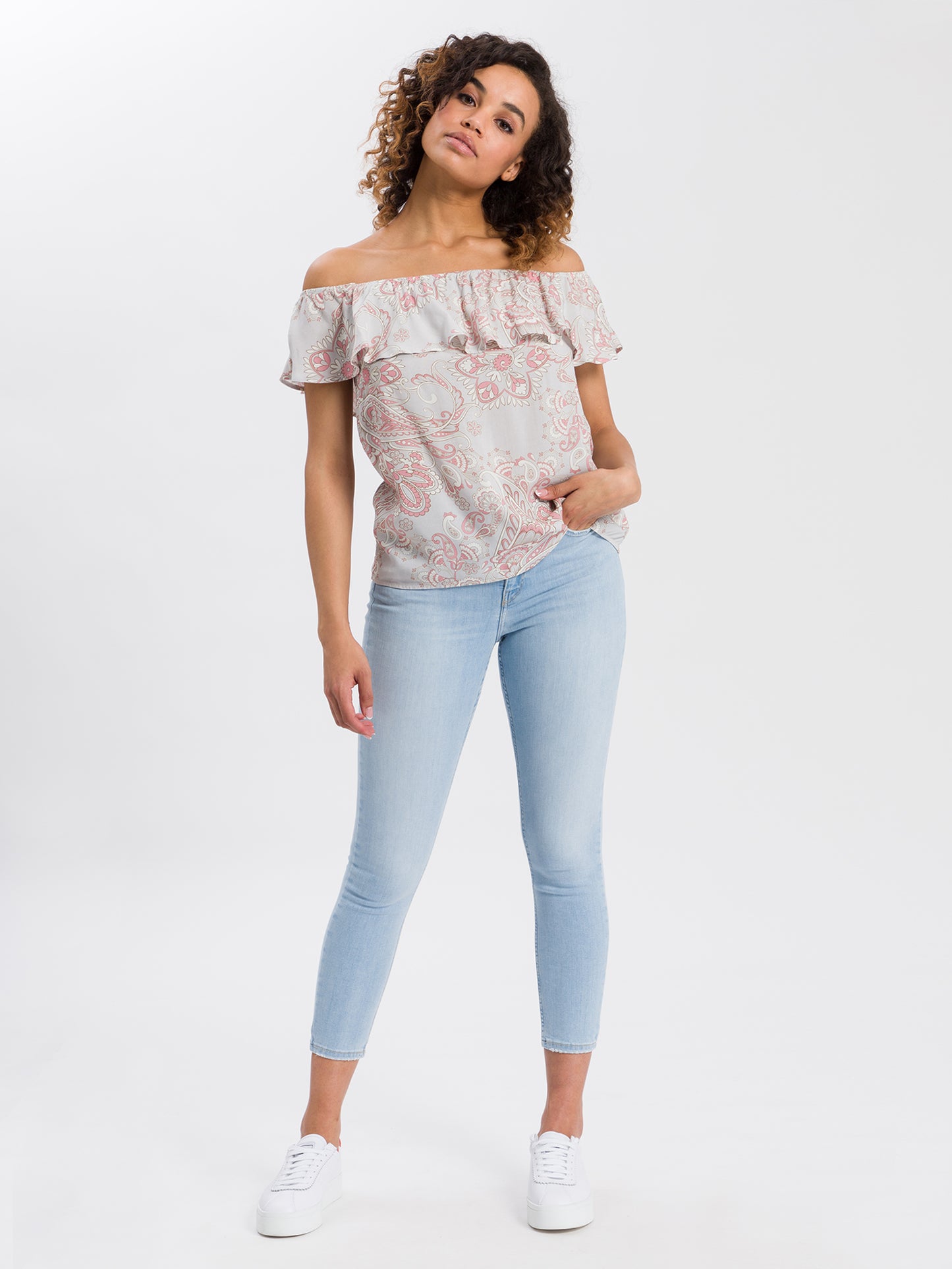 Damen Kurzarm Top mit Blumenmuster in hellrosa