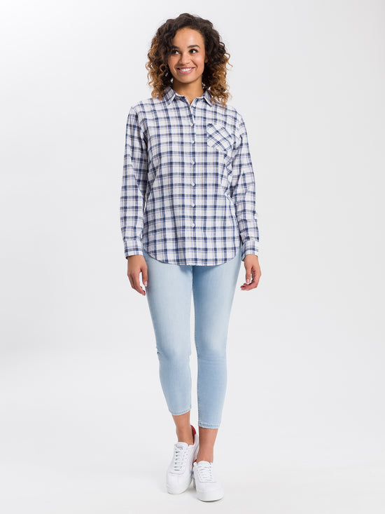 Women's regular long-sleeved blouse checked blue
