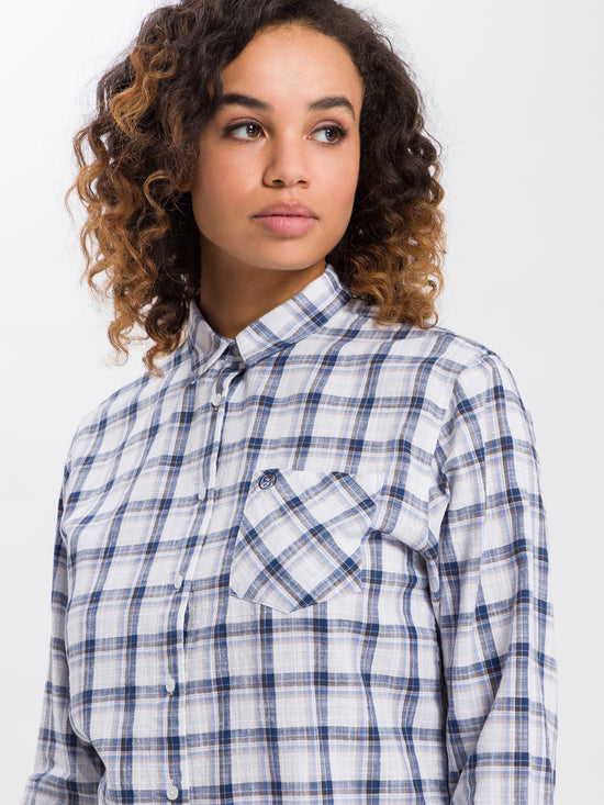 Women's regular long-sleeved blouse checked blue