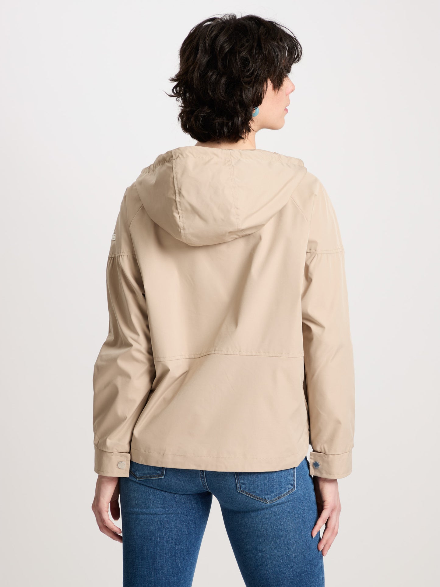 Women's regular jacket with hood, zip and snap fasteners, beige.