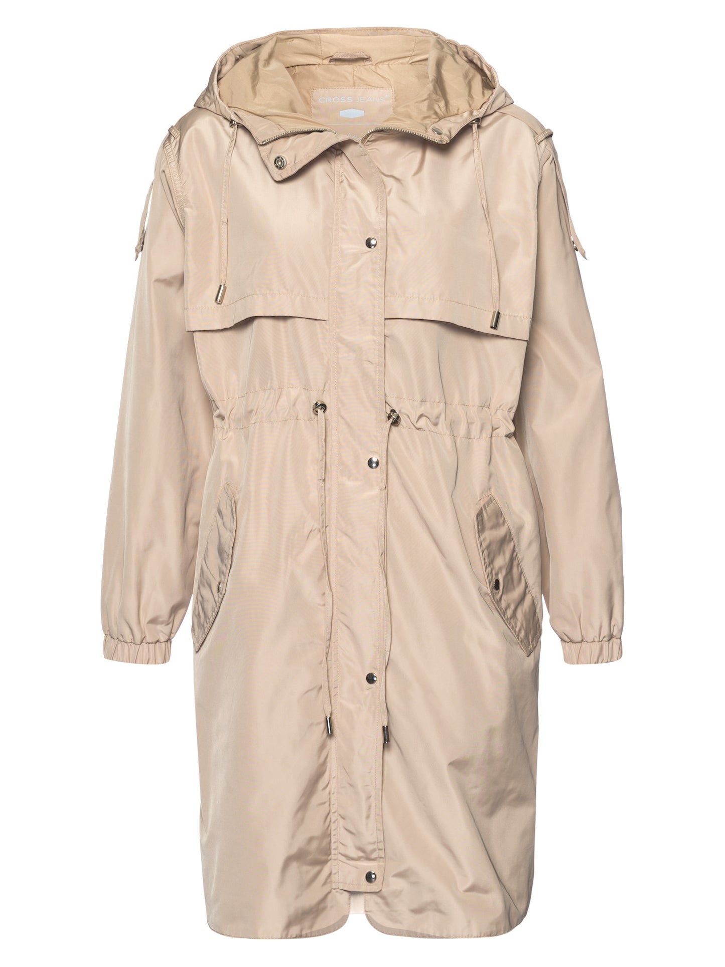 Women's regular coat with hood, zip and snap fasteners in beige.