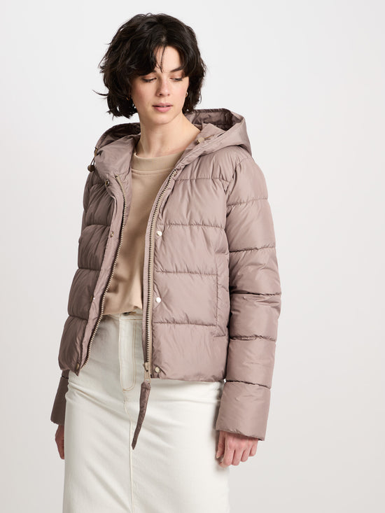 Damen Regular Winterjacke mit Kapuze, Knöpfen und Reißverschluss taupe