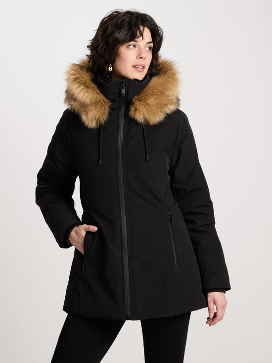 Damen Regular Winterjacke mit Kapuze, Kunstfell-Besatz und Reißverschluss schwarz