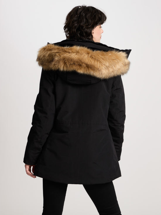 Damen Regular Winterjacke mit Kapuze, Kunstfell-Besatz und Reißverschluss schwarz