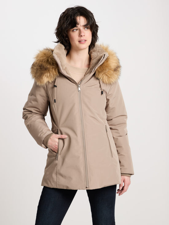 Damen Regular Winterjacke mit Kapuze, Kunstfell-Besatz und Reißverschluss steinfarben