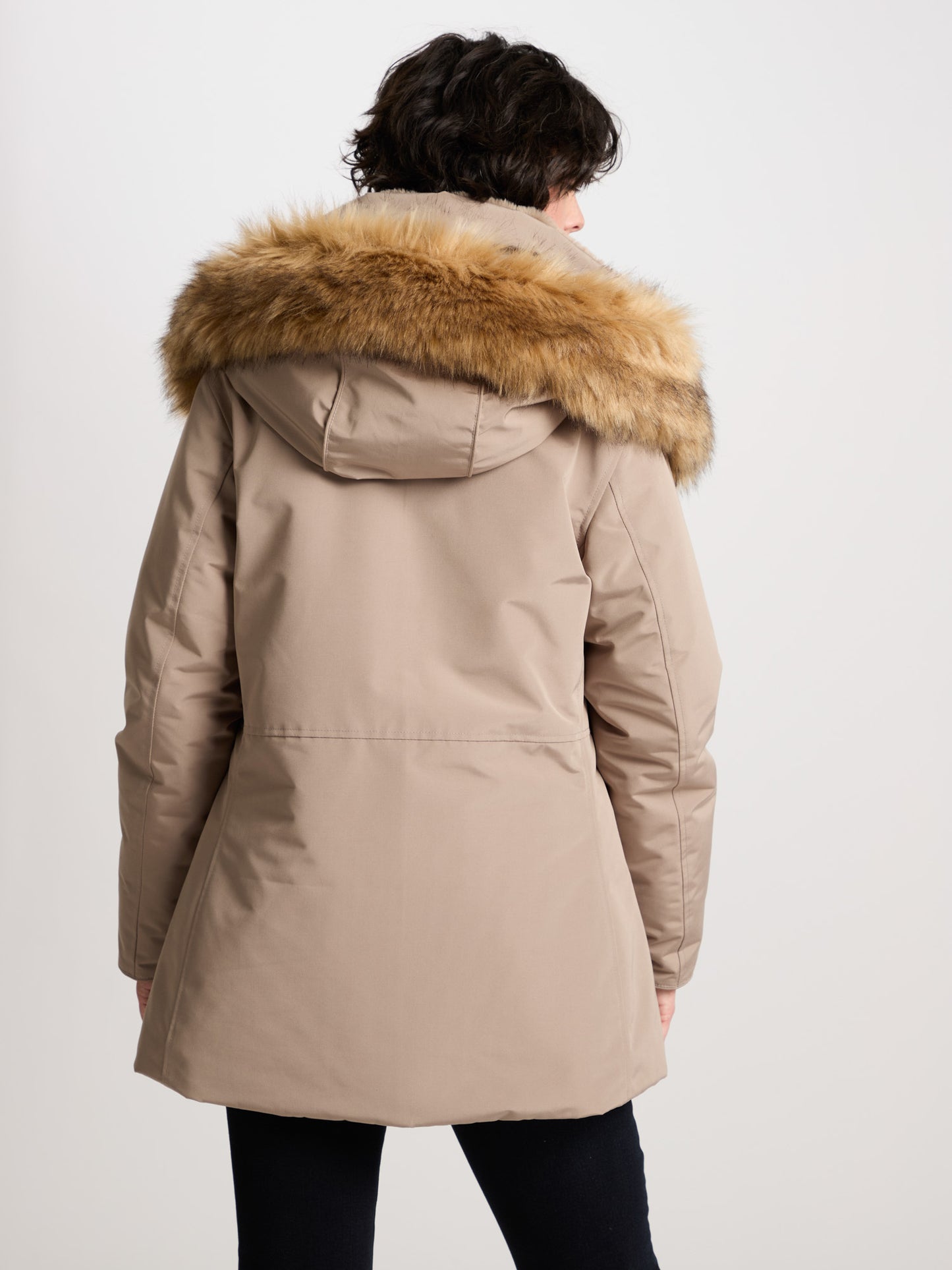 Damen Regular Winterjacke mit Kapuze, Kunstfell-Besatz und Reißverschluss steinfarben