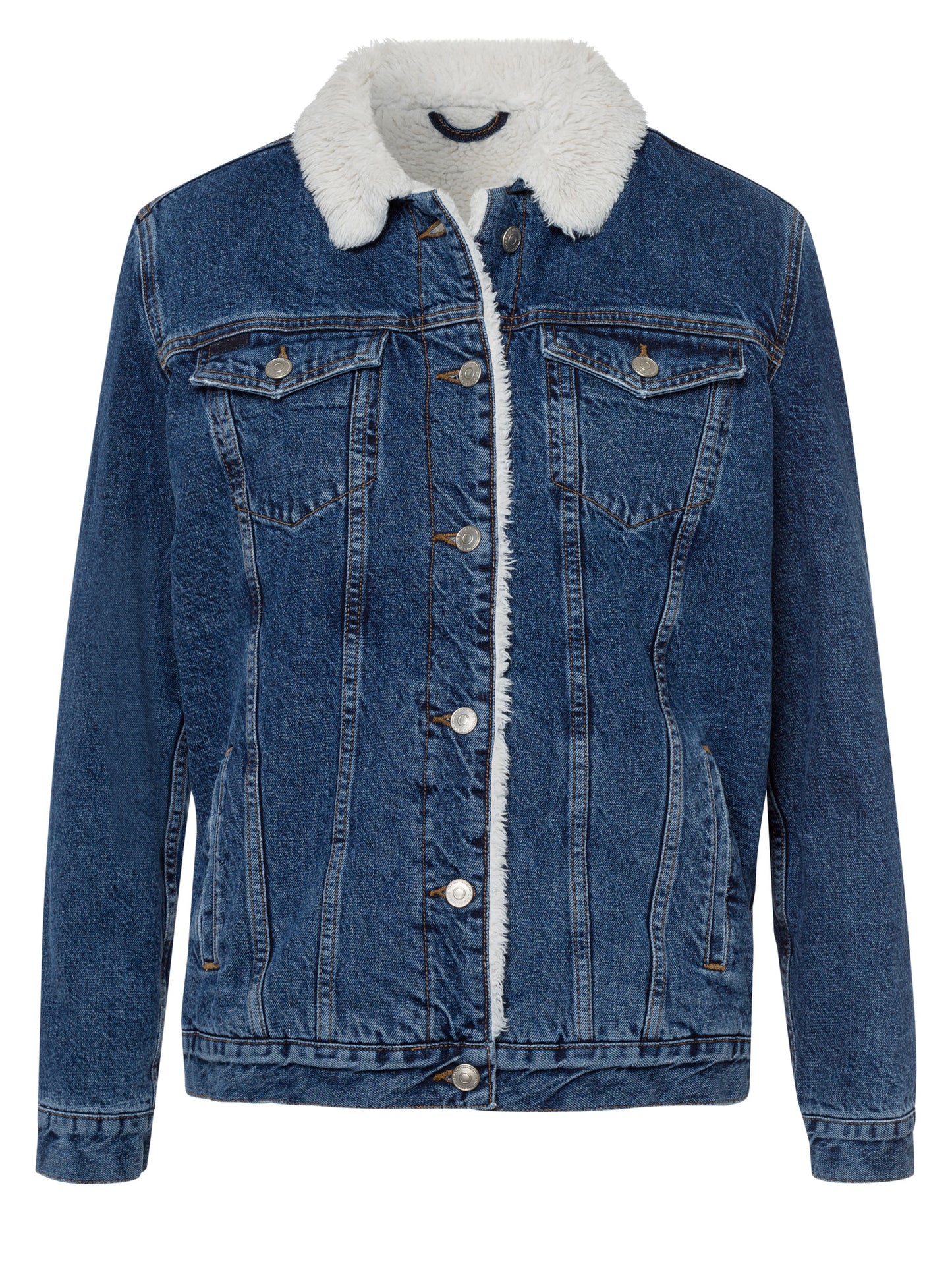 Women's oversized denim jacket with fur and button placket, dark blue.