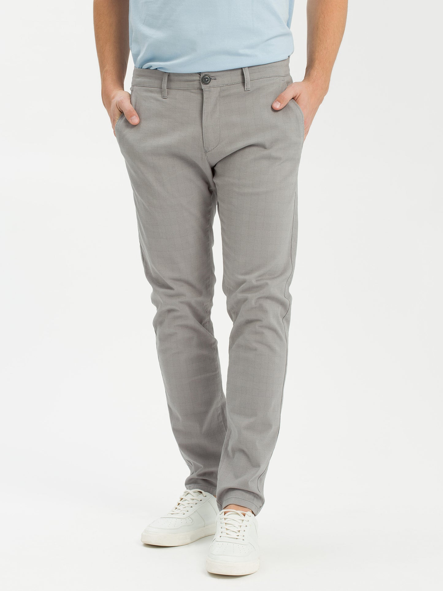 Men's Chino Slim Tapered Fit with tonal check pattern in grey.